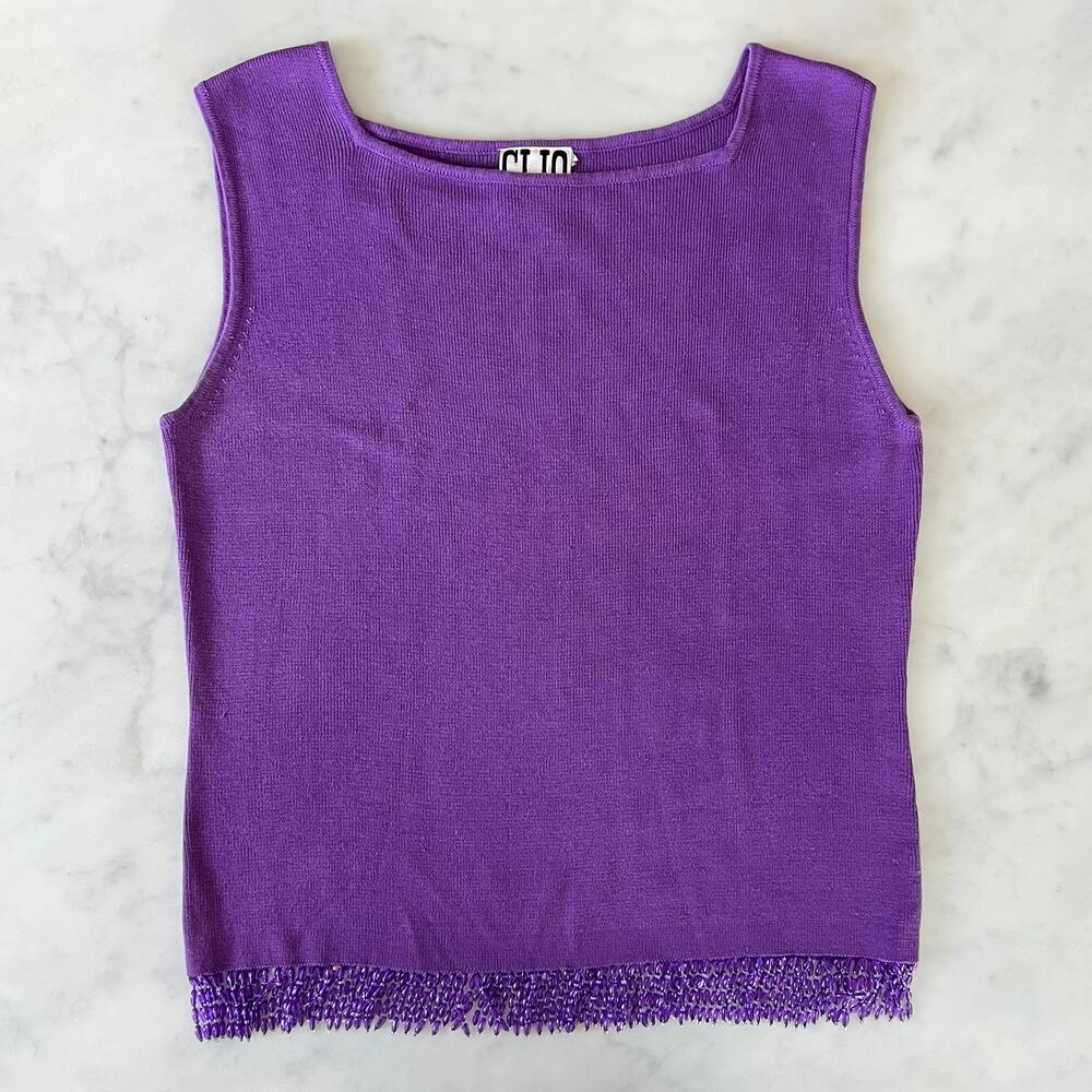 Vintage 90s Purple Sleeveless Knit Silk Blend Top with Beaded Tassel Trim / S M